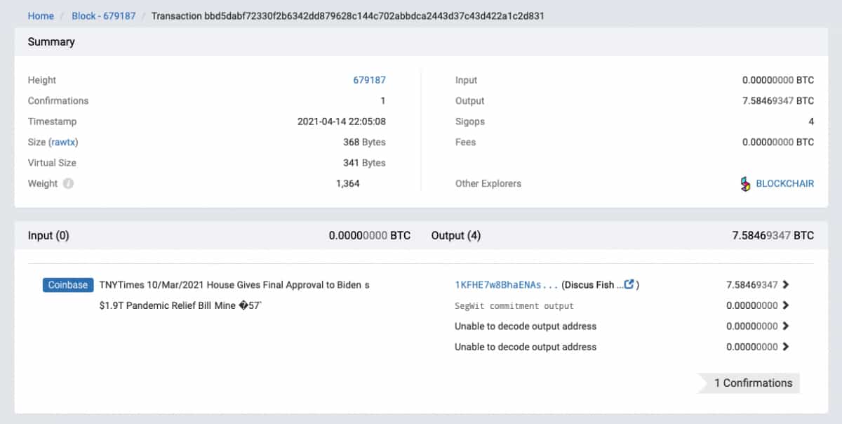 F2Pool encodes Biden stimulus headline to mark Coinbase's direct listing on Nasdaq