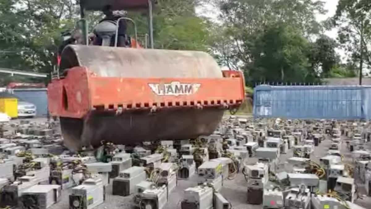 Viral video shows Malaysia police crushing 1,069 bitcoin miners with a steamroller