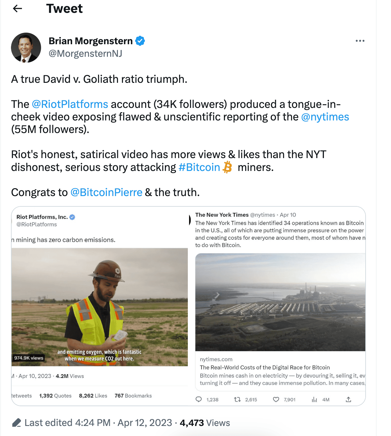 Riot Platforms responds to NYT with cheeky video on CO2 emissions | The  Block