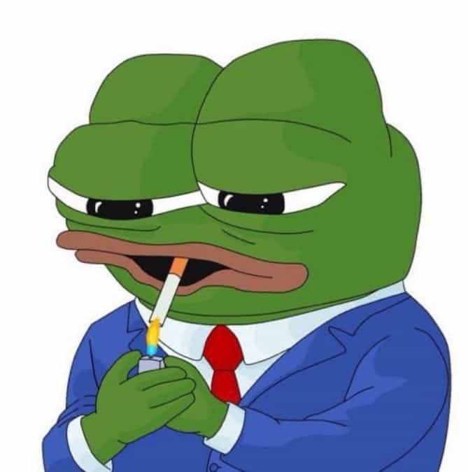 Pepe the Frog lights a cigarette.