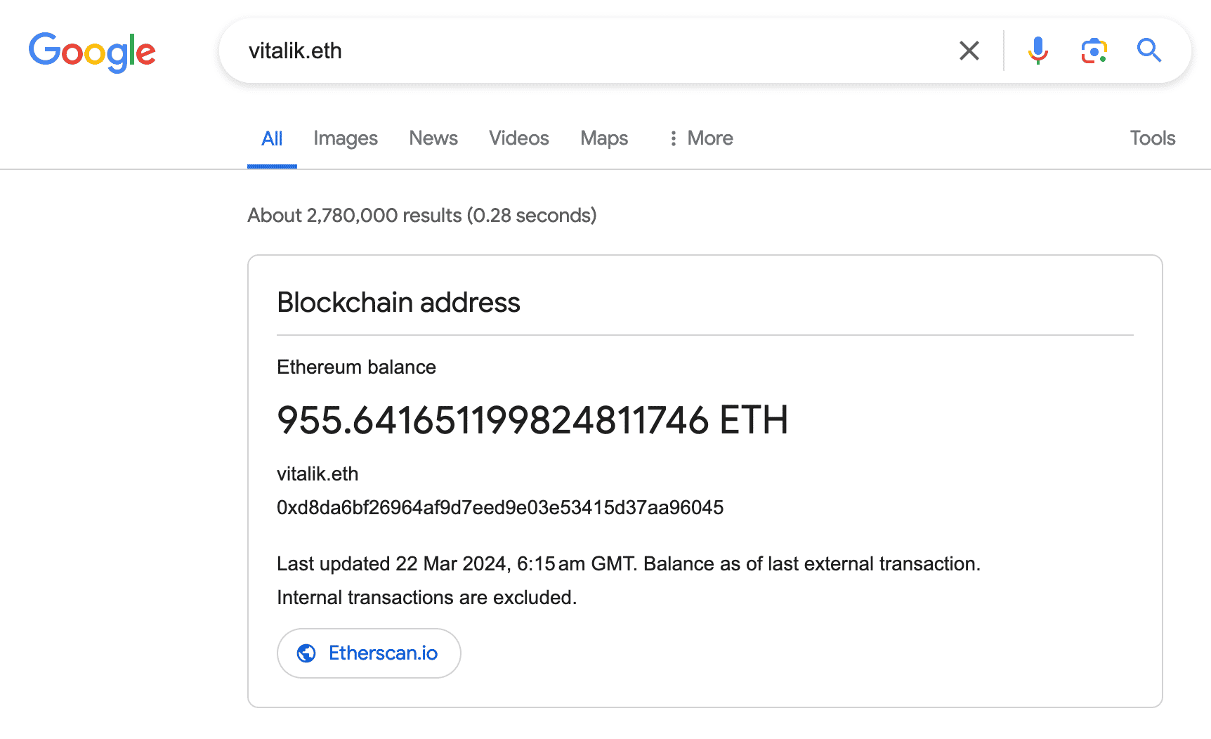 Google now shows Ethereum Name Service wallet balances in search results |  The Block