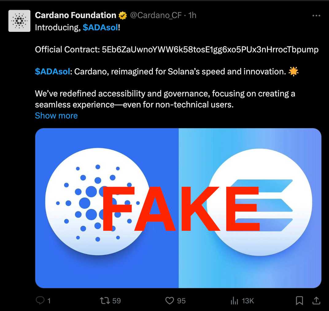 Hacked Cardano Foundation X account posts fake token, false SEC lawsuit  notice | The Block