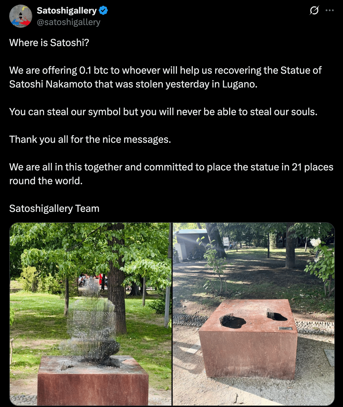 Lugano authorities recover Satoshi Nakamoto statue that was thrown in lake  | The Block