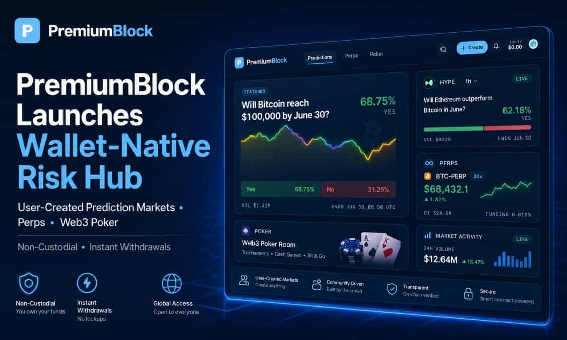 PremiumBlock Launches Non-Custodial Risk Hub for User-Created Prediction Markets, Perps and Web3 Poker