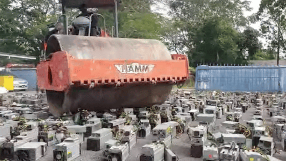 Viral video shows Malaysia police crushing 1,069 bitcoin miners with a steamroller