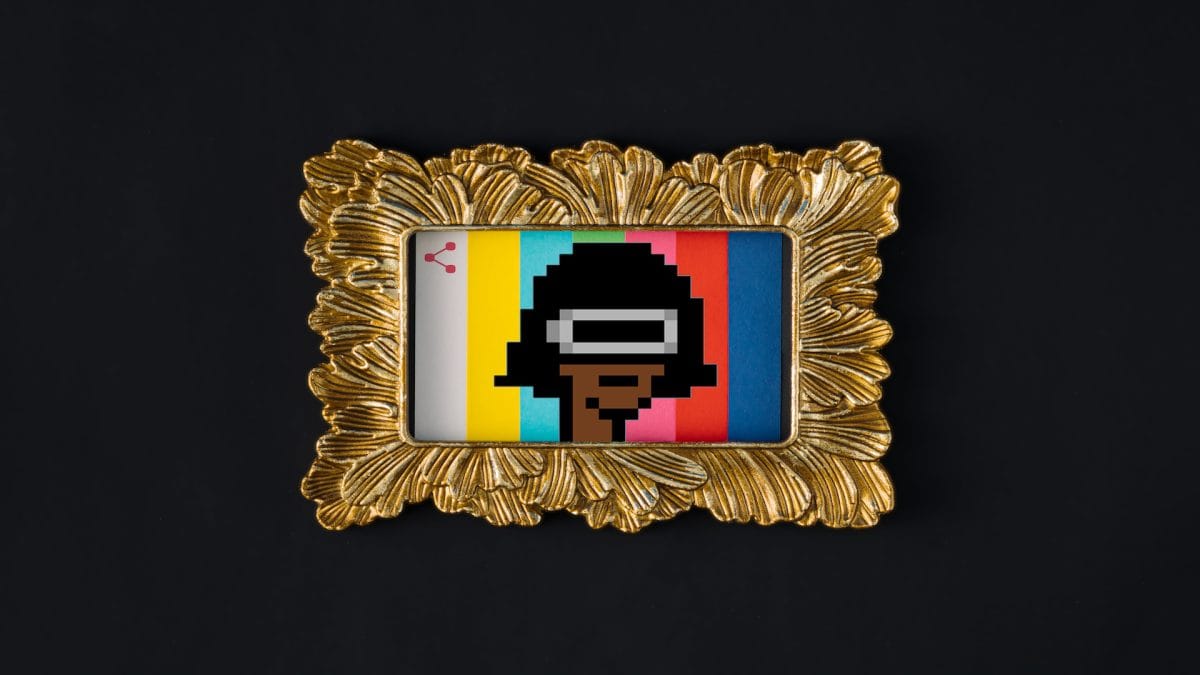 Creative arrangement made of gold frame and color for no signal on a dark background. Minimal flat lay concept. NFT inspiration.