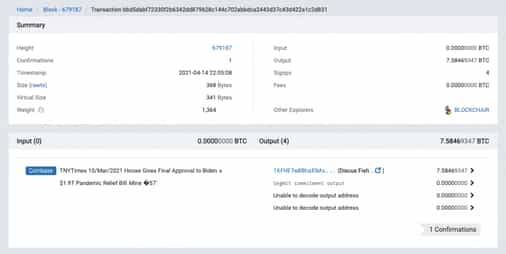 F2Pool encodes Biden stimulus headline to mark Coinbase's direct listing on Nasdaq