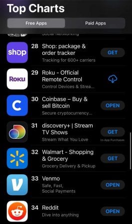 แอพ Coinbase บนมือถือ ขึ้นแท่นอันดับ 30 จาก 100 แอพฟรียอดนิยมบน App Store ของ Apple