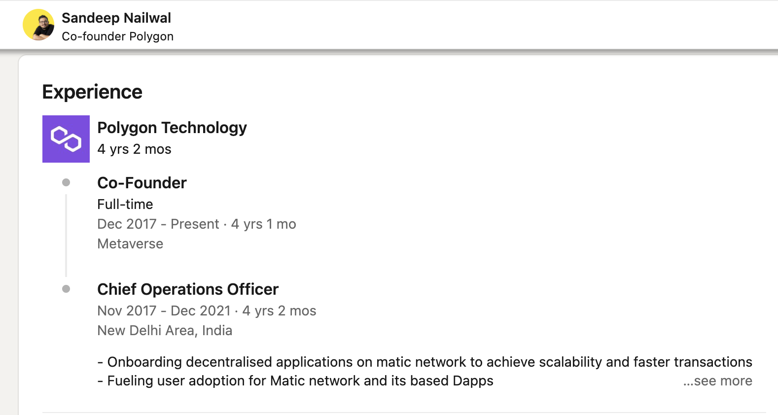 Ethereum scaling project polygon no longer has c-suite positions such as ceo and coo. Polygon co-founder sandeep nailwal, who was also the coo of the project, has removed that position from his job title sometime this month, according to his linkedin profile.