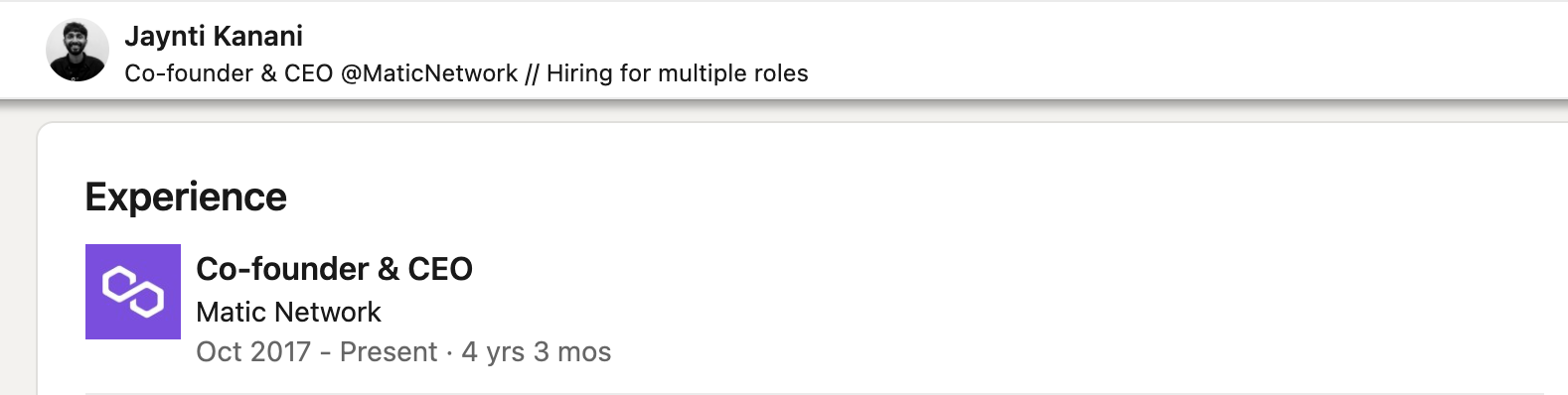 Ethereum scaling project polygon no longer has c-suite positions such as ceo and coo. Polygon co-founder sandeep nailwal, who was also the coo of the project, has removed that position from his job title sometime this month, according to his linkedin profile.