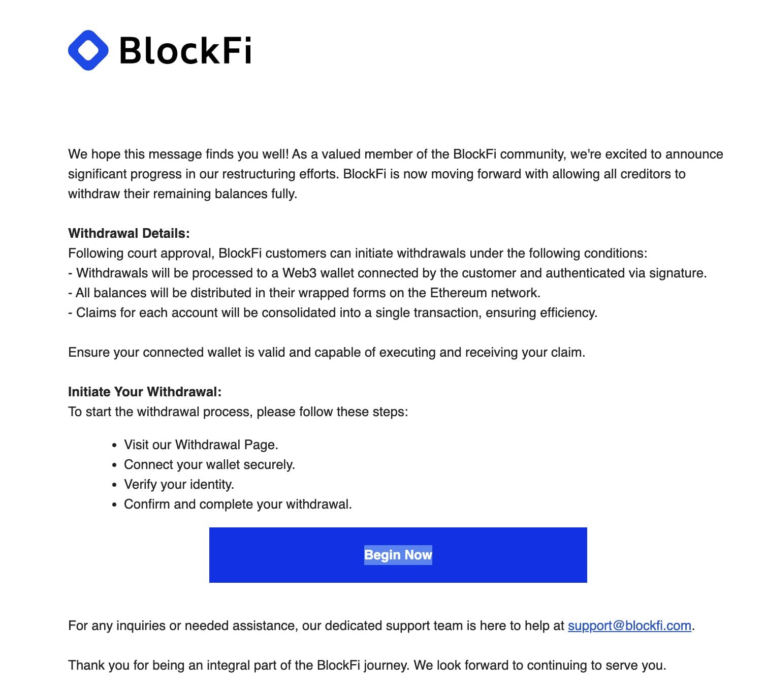 Sample phishing email purportedly from BlockFi