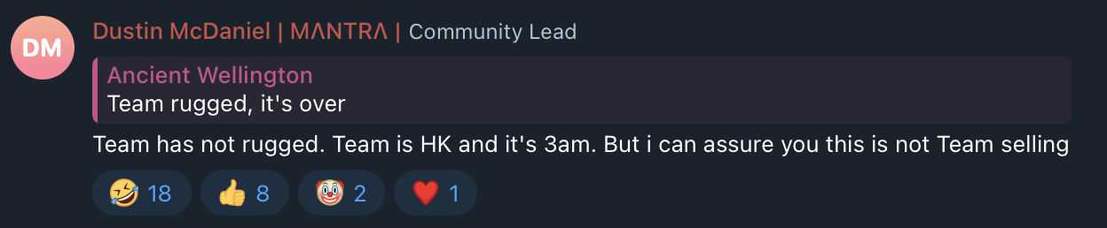 Layer 1 MANTRA’s token falls 90% in sudden crash; community lead denies rug pull accusations 2 Screenshot 2025 04 13 at 3.39.08%E2%80%AFPM